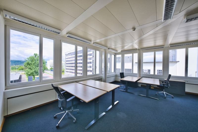 empty office room with windows, desks, chairs, and blue carpet