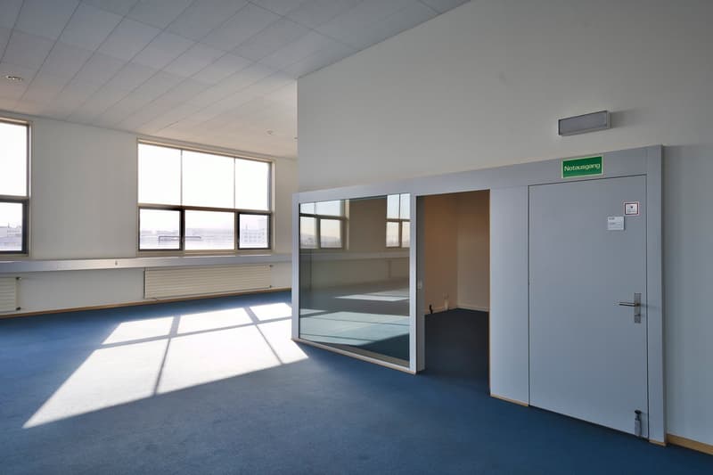 Large open office space with gray walls, blue carpeted floor, and large windows providing natural light. The room has a glass-enclosed room and a door labeled 'Notausgang' (emergency exit).