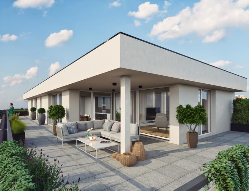 modern white exterior, large windows, balcony, outdoor furniture