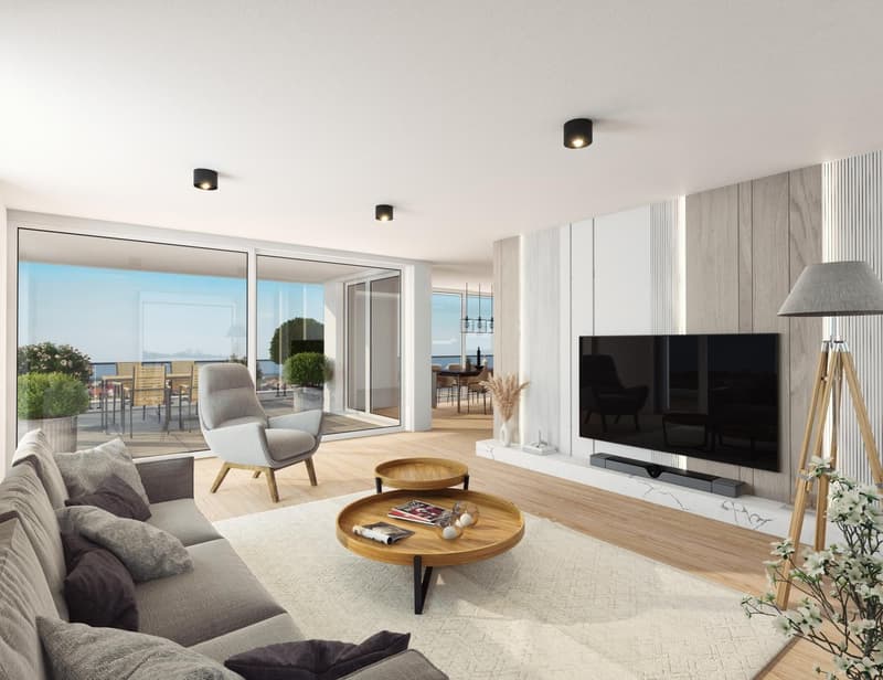 glass sliding doors leading to balcony, modern interior, large windows, sliding doors, gray sofa, wooden coffee table, television