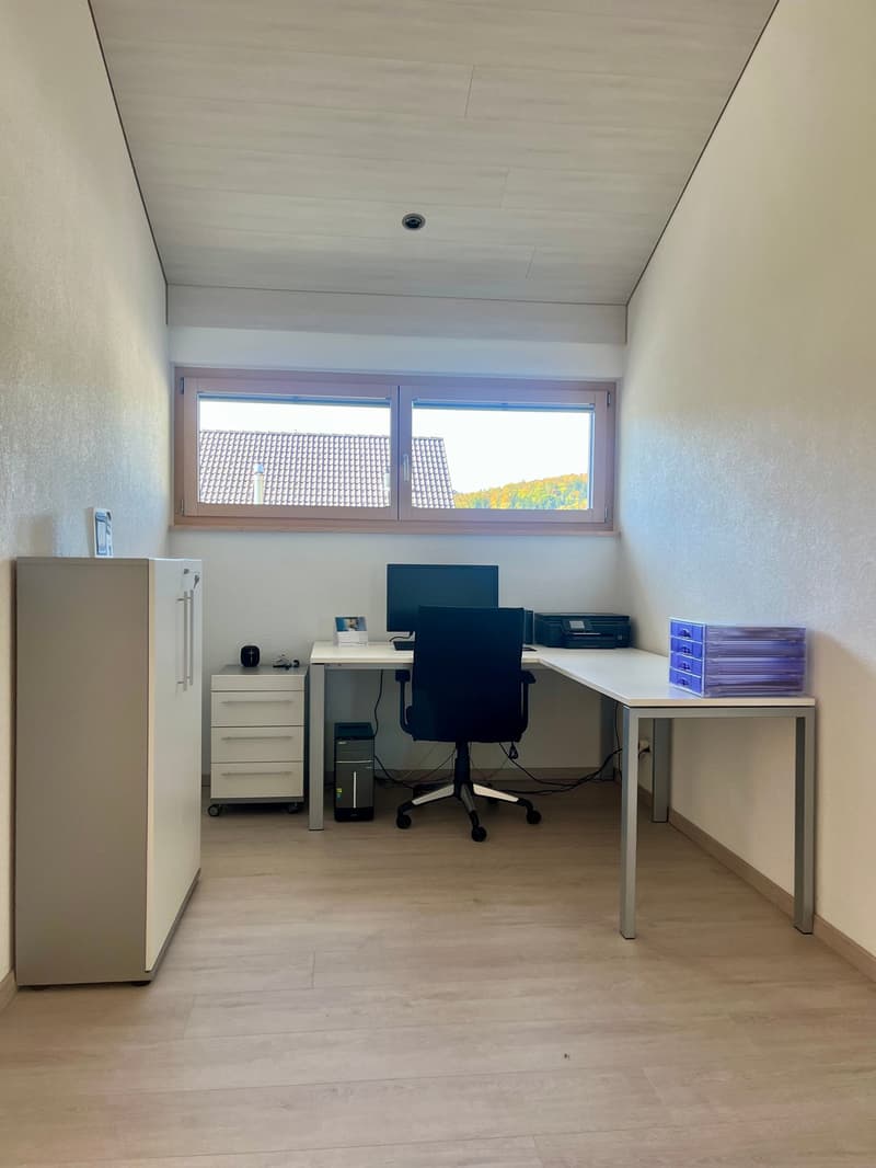 room with desk, computer, chair, printer, file holders, storage boxes, cabinet, chest freezer