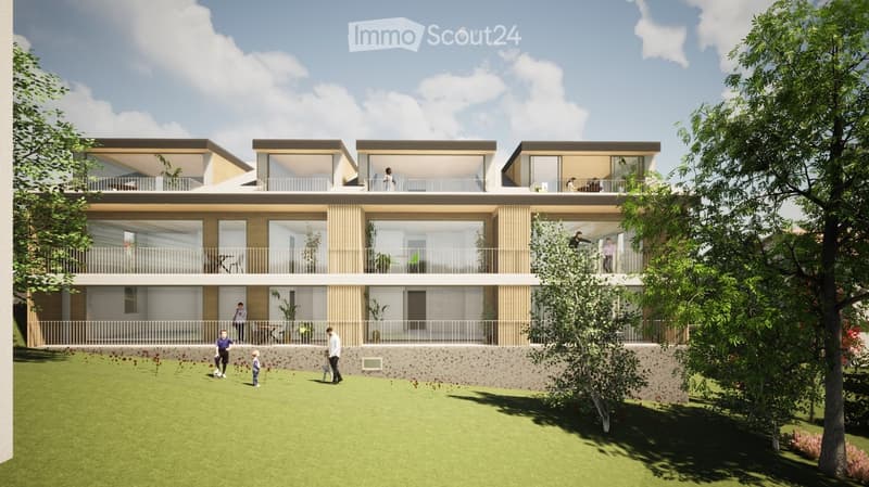 Three story apartment building, wood and glass balconies, raised ground floor, landscaped yard