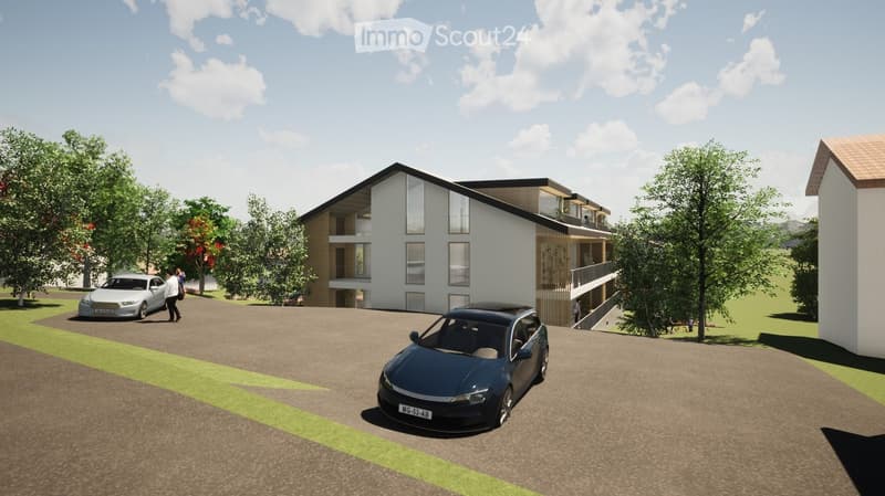 apartment building with wooden balconies, white walls, black roof, surrounded by trees, driveway with two cars parked