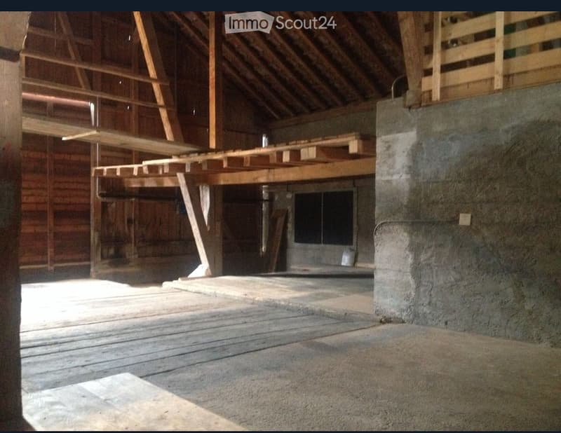 Wooden beams and trusses in the attic, concrete floor, and a small window visible.