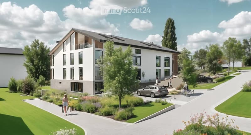2 story residential building, white exterior, multiple windows, solar panels on roof, driveway, 2 cars parked, walkway, green garden, person walking
