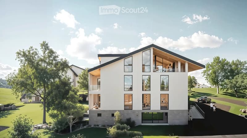 white modern house, multiple glass windows, 4 floors, two balconies, a garden with trees