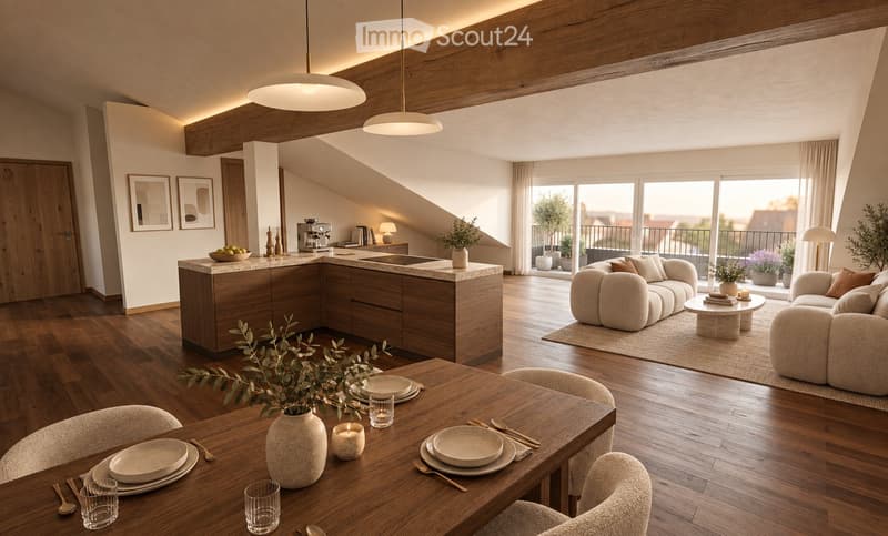 Modern, open-concept living and dining area with exposed wooden beams, pendant lights, a kitchen island, a dining table, and a living room sofa. Large windows and a balcony are visible.