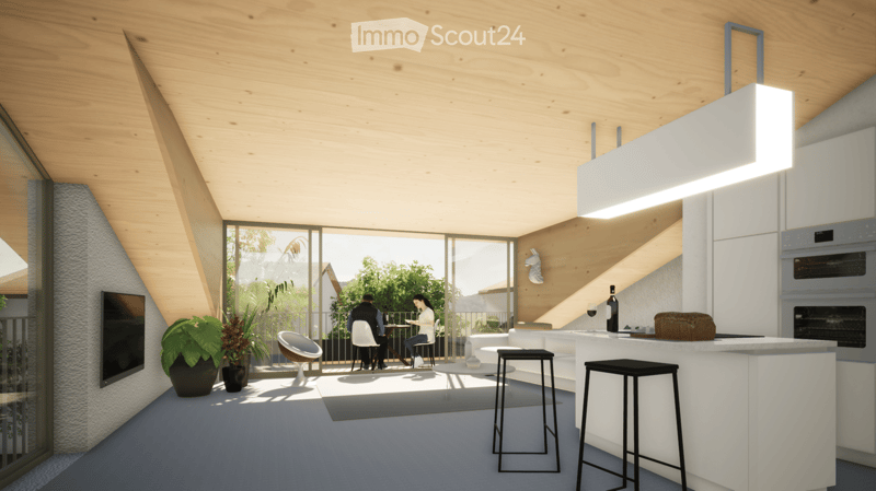 Modern living room with balcony, open floor plan, white cabinets, wooden ceiling, dining area, kitchen bar