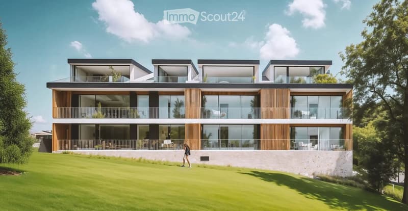 Modern house, 4 floors, large windows, balconies, wooden facade, garden, greenery