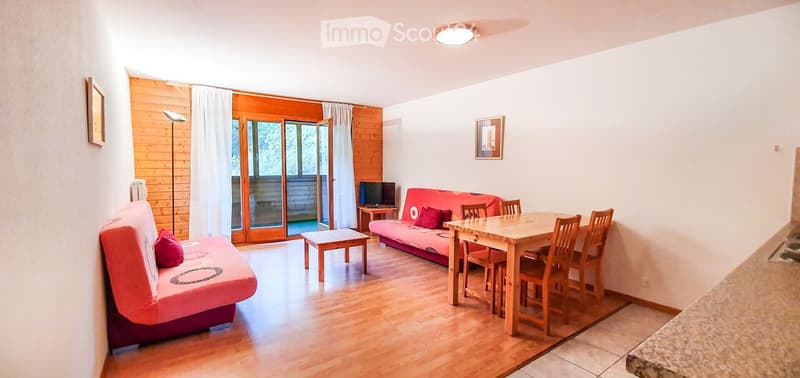 Wooden floor, living area with couch, dining table, TV, balcony, wooden walls