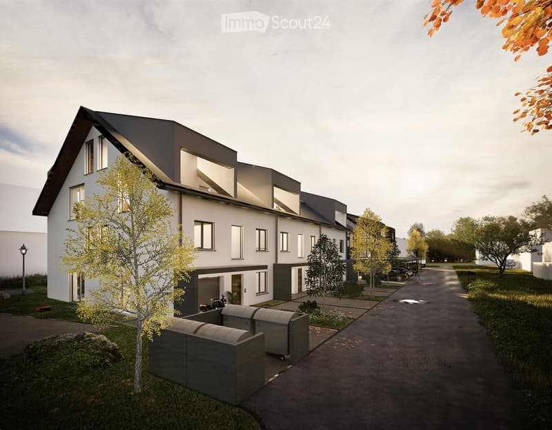Modern row house, white exterior, black roof, multiple windows, garage, driveway, landscaped area
