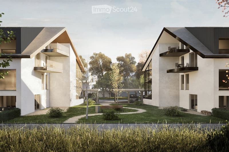 modern design, white exterior, black roofs, balconies, car parking, garden