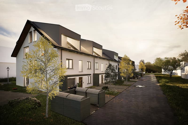 Modern row house, white exterior, black roof, multiple windows, garage, driveway, trees, pathway
