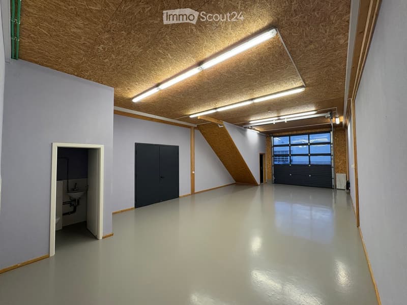 Open room with white walls, wooden ceiling, fluorescent lights, concrete floor, doors, window, garage