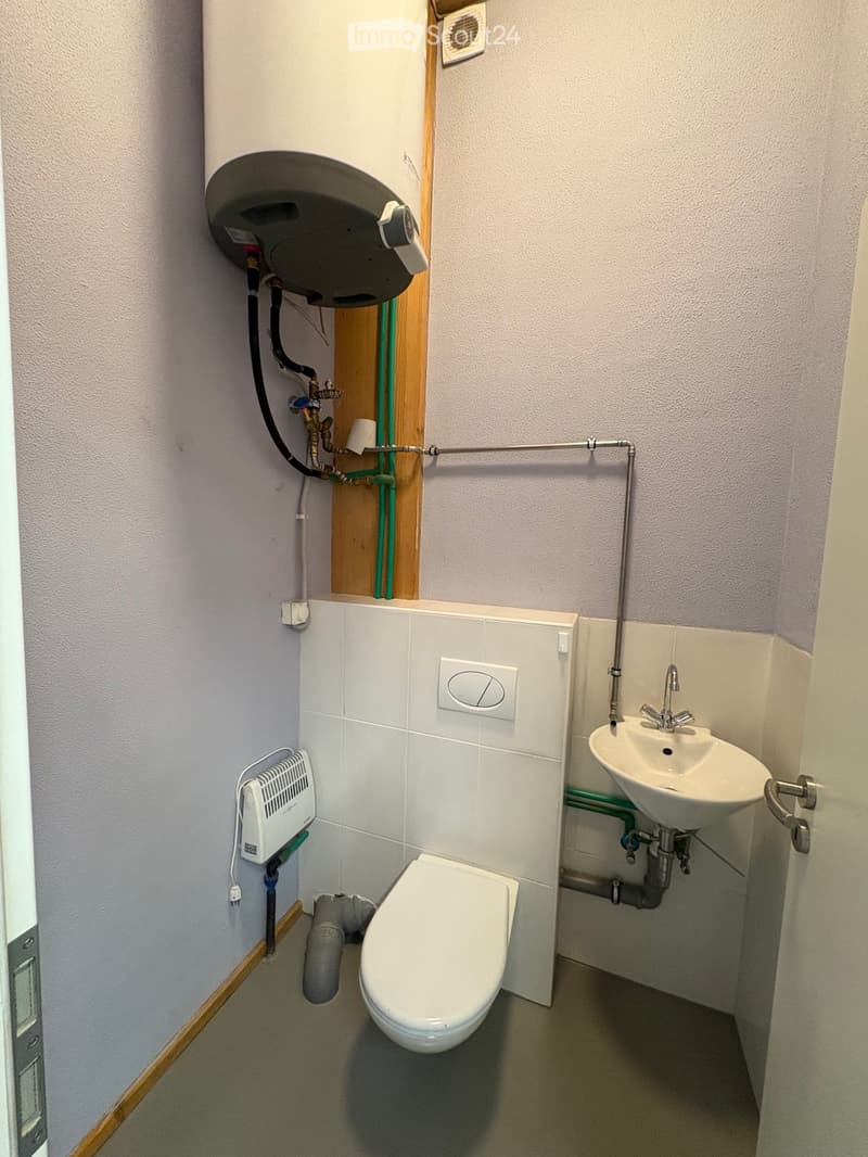 a compact bathroom with a toilet, a sink, a water heater, and plumbing exposed