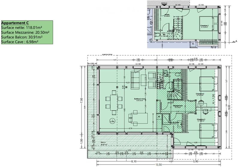 Living room, kitchen, 2 bedrooms, 2 bathrooms, balcony
