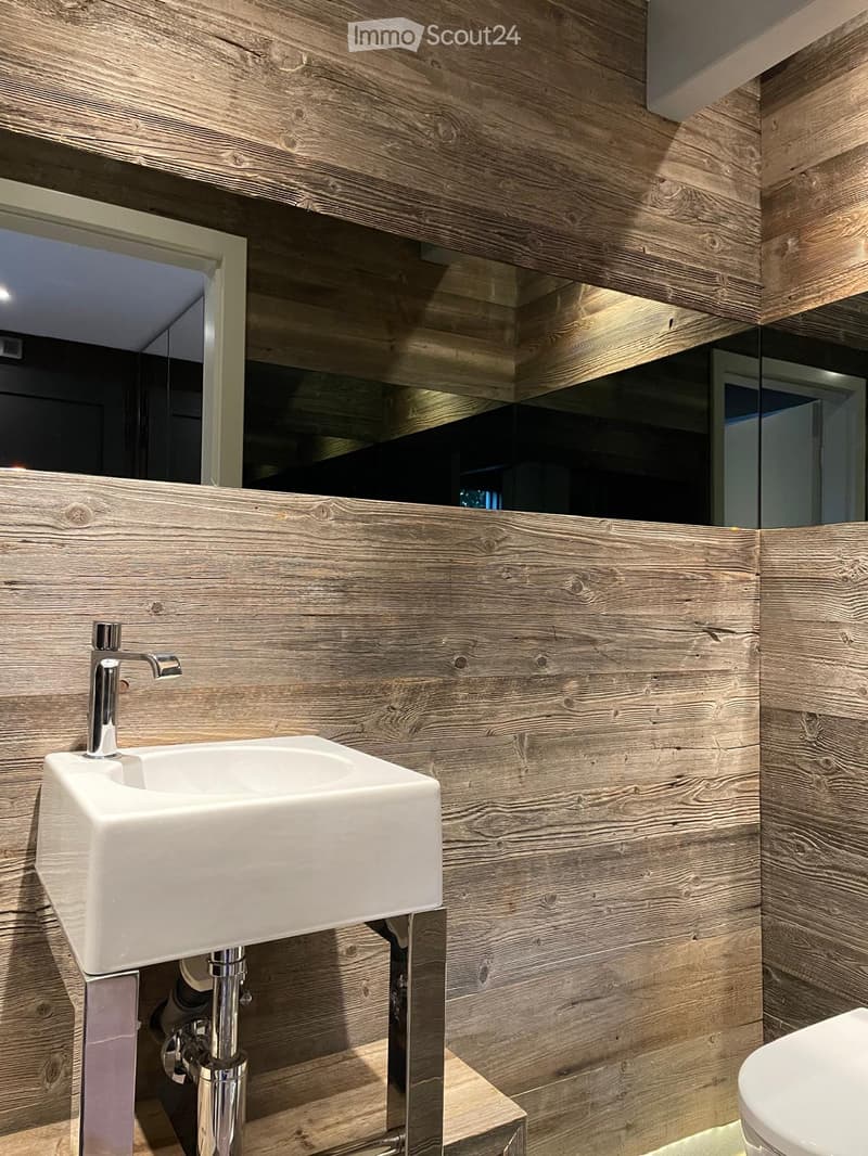 bathroom with wooden walls, white sink, silver faucet, mirror, toilet