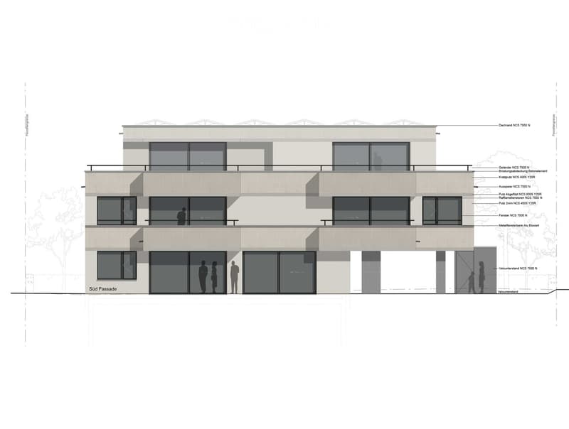 3-story commercial or office building with a modern, minimalist design. The facade features large windows and a mix of light and dark gray tones. The building appears to have a balcony or terrace on the upper level.