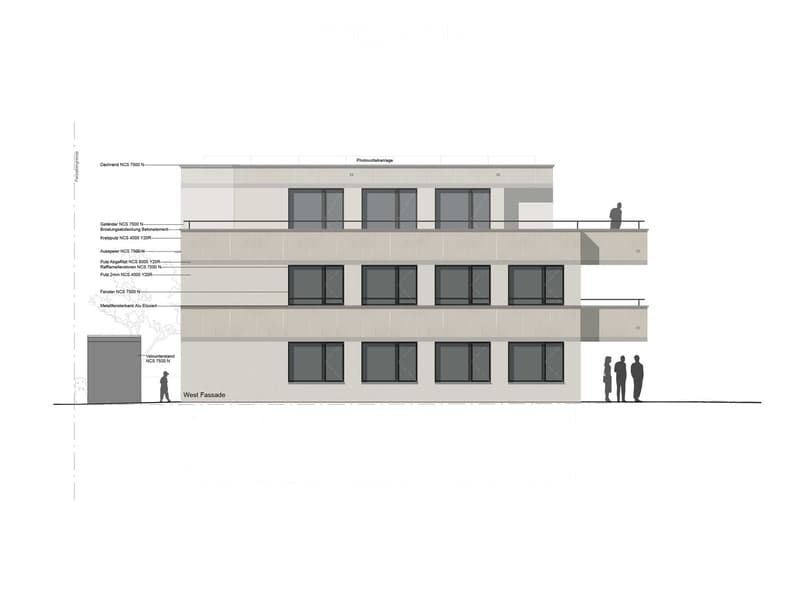 3-story building with multiple rooms, including a photovoltaic system on the roof, balcony, and various labeled architectural elements.