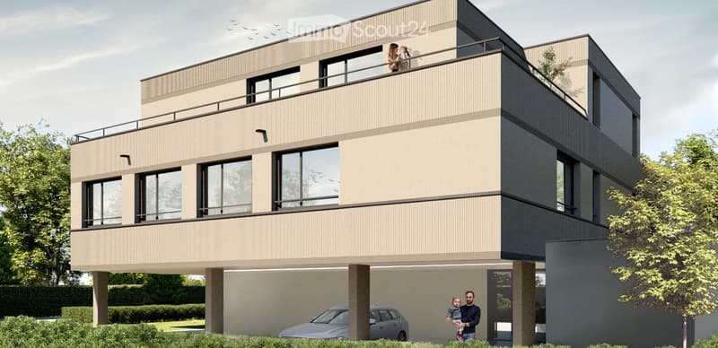 2-story modern house with a garage, balconies, large windows, and a minimalist design with a mix of light and dark colors.
