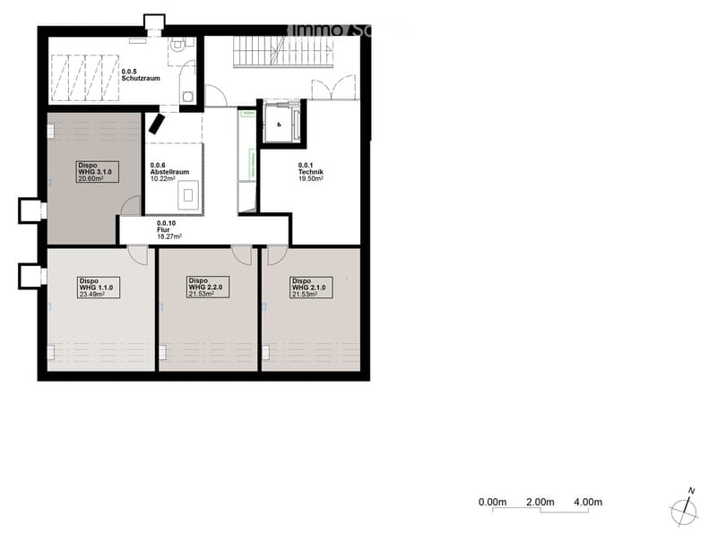 The floor plan shows a layout with a Dispo WHG 3.1.0 room (20.60m²), a Dispo WHG 1.1.0 room (23.49m²), a Dispo WHG 2.2.0 room (21.53m²), a Dispo WHG 2.1.0 room (21.53m²), a 0.0.6 Abstellraum (10.22m²), a 0.0.1 Technik (19.50m²), and a 0.0.5 Schutzraum (0.
