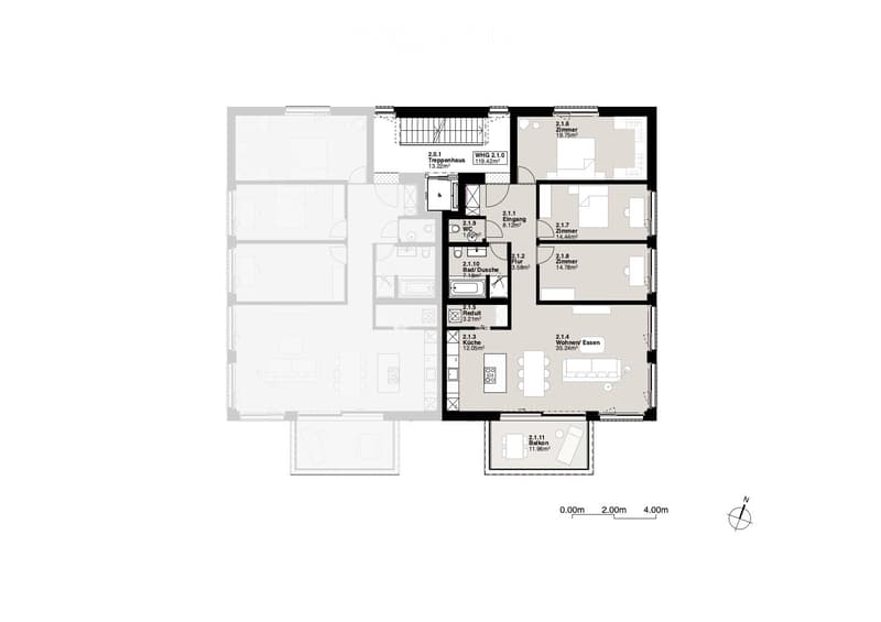 The floor plan shows a 3-bedroom apartment with a living room, kitchen, 2 bathrooms, and a balcony.