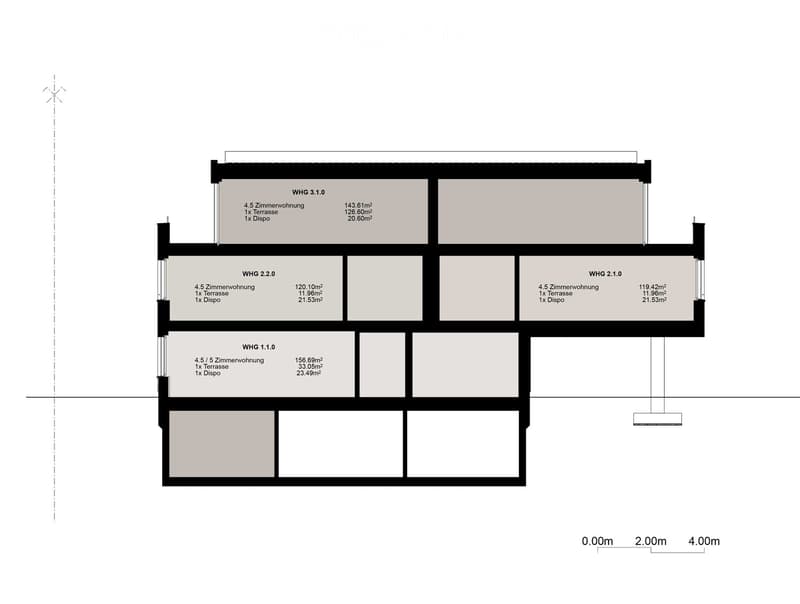 The image shows a floor plan with 3 different apartment units. The units are labeled as WHG 3.1.0, WHG 2.2.0, and WHG 2.1.0, with their respective sizes and room configurations. Each unit has a balcony or terrace.