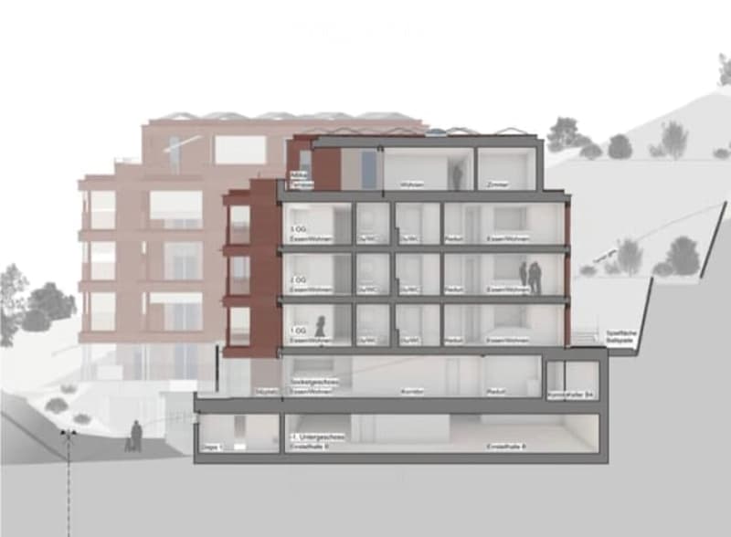 The image shows a cross-section or elevation view of a multi-story residential building. The building appears to have several floors, with each floor containing multiple rooms or units labeled with room names such as 'Wohnraum' (living room), 'Schlafraum'
