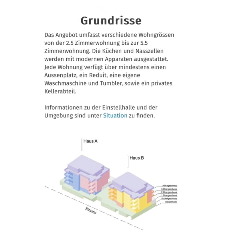 The image shows a floor plan with two buildings, Haus A and Haus B. The buildings contain various apartment sizes ranging from 2.5 rooms to 5.5 rooms. The apartments are equipped with modern appliances, including a washing machine and tumbler, as well as