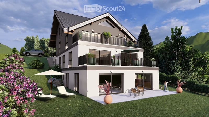 3-story modern house with a gray roof, white exterior walls, and large balconies. The house is surrounded by a lush garden with trees and flowers. There is a parking space in front of the house.