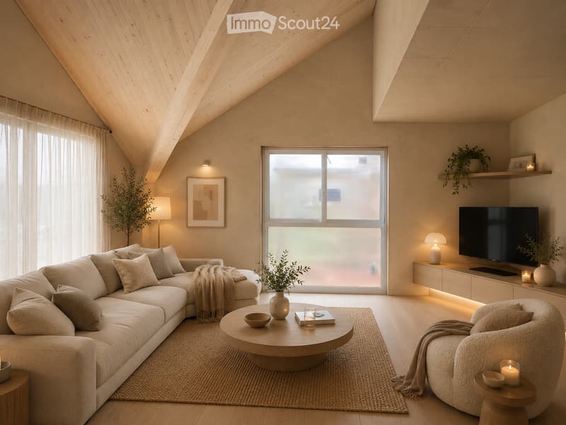 Modern living room with a sectional sofa, coffee table, armchair, and large window. Features wooden floors, built-in shelving, and decorative plants.