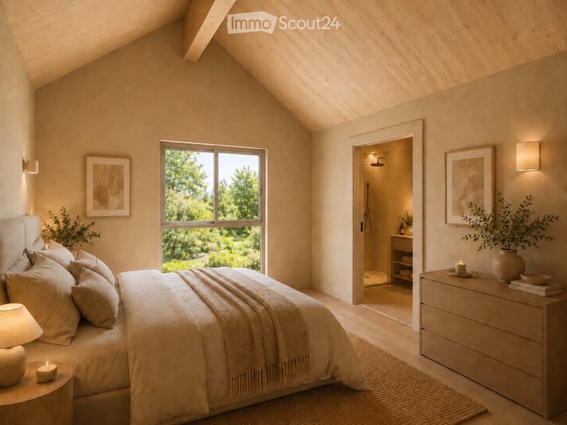 Cozy bedroom with a large window offering a view of greenery, featuring a bed with pillows and a blanket, nightstand with lamp, drawer, picture frames, and plants.