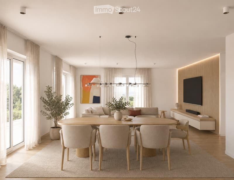 Modern living and dining area with a round wooden dining table, four chairs, a sofa, a vase with a plant, a television, and a sleek wall-mounted entertainment unit.