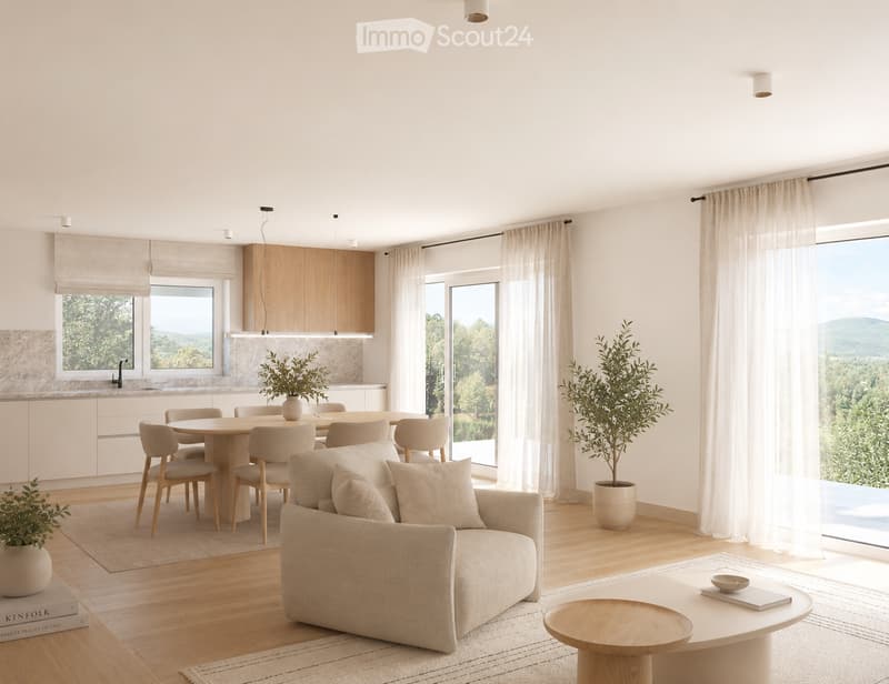 Open-plan living and dining area with light wood flooring, large windows, a sofa, coffee table, dining table, and chairs.