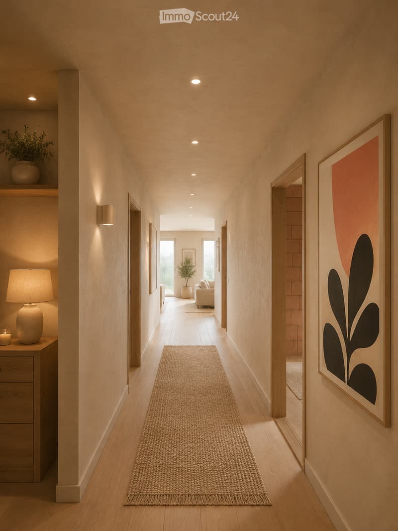Modern hallway with light wooden flooring, beige walls, recessed ceiling lights, and a woven runner. Features a small table with a lamp, a shelf with a plant, and framed artwork on the walls.