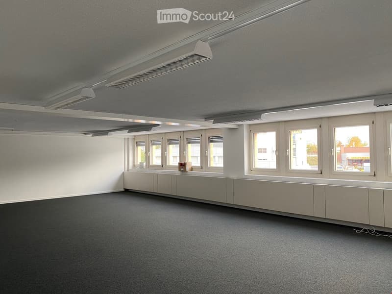 Empty office room, white walls, black carpet, ceiling lights, row of windows with blinds, built-in storage units, cables on the floor