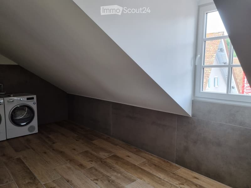 Laundry machines, hardwood floors, slanted ceiling, small window