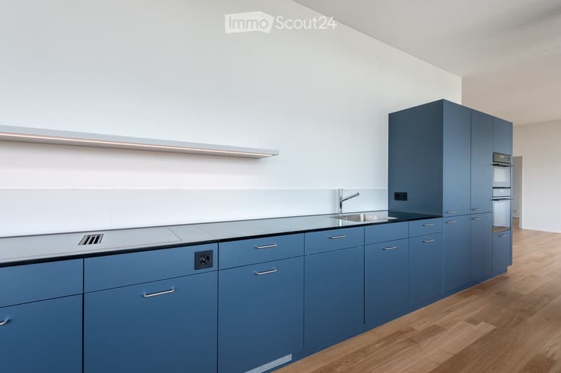 Kitchen. Modern kitchen with blue cabinets, a stainless steel sink, and a built-in oven. The countertops are sleek and the space is well-lit with natural light.