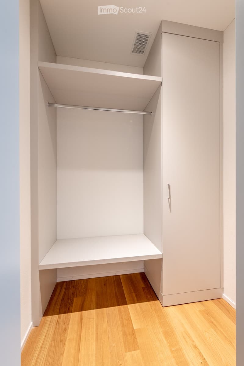Unfurnished Room. Empty closet with white built-in shelves and a hanging rod, light wooden flooring, and white walls.