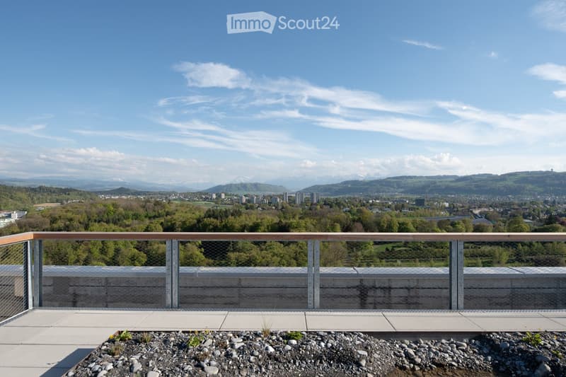 Balcony / Terrace. A balcony with a metal railing and a view of the city and mountains.
