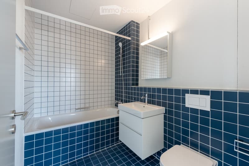 Bathroom. Modern bathroom with white and blue tiled walls, a bathtub, a sink with a cabinet, a toilet, and a mirror with built-in lighting.