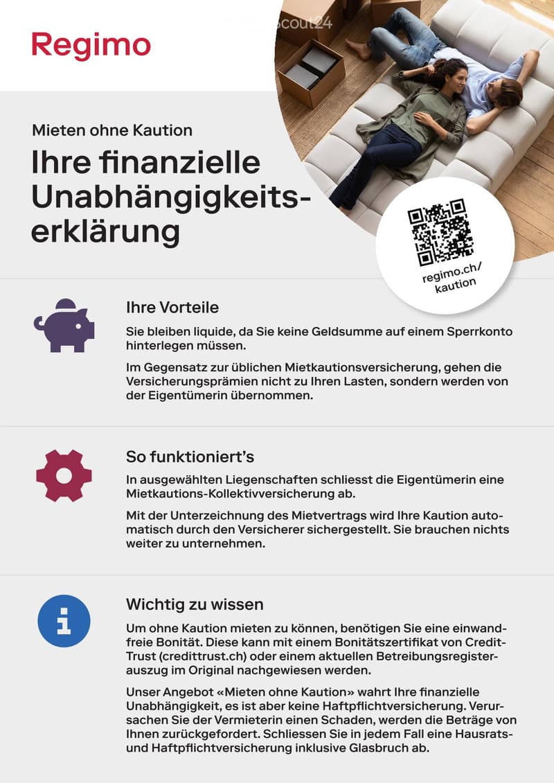 Illustration of couple on couch with boxes in background, text explaining benefits of renting without a deposit bond