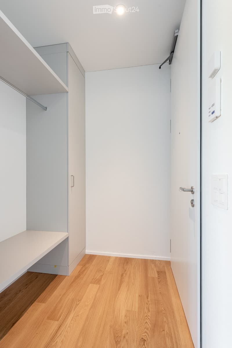 Corridor / Hallway. A narrow hallway with light wooden flooring, white walls, and built-in storage units on one side. The hallway features a closed door at the end and a small shelf with a built-in cabinet.