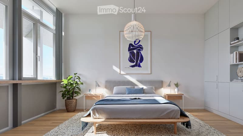 Modern bedroom with a wooden bed, nightstands, lamps, a plant, and a large abstract artwork on the wall.