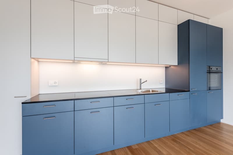 Modern kitchen with light blue cabinets, white upper cabinets, stainless steel sink, and sleek countertops.