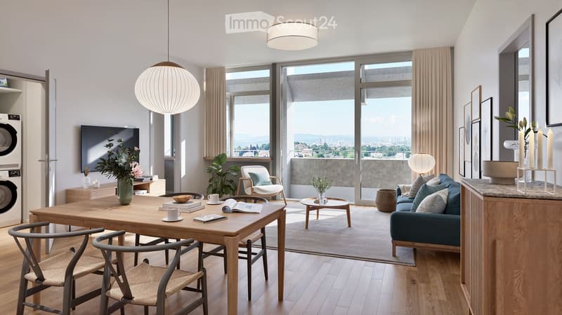 Modern living and dining area with large windows offering a city view, featuring a sofa, coffee table, dining table with chairs, pendant lights, a television, and decorative plants.
