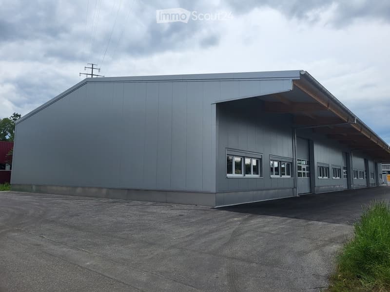 Modern grey industrial building, large windows, slanted roof, wide driveway, clear space in front