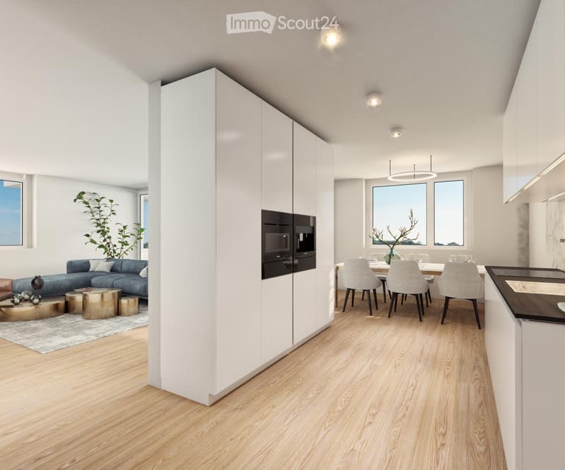 modern kitchen with dining area, white cabinets, wooden floor, large windows, modern appliances
