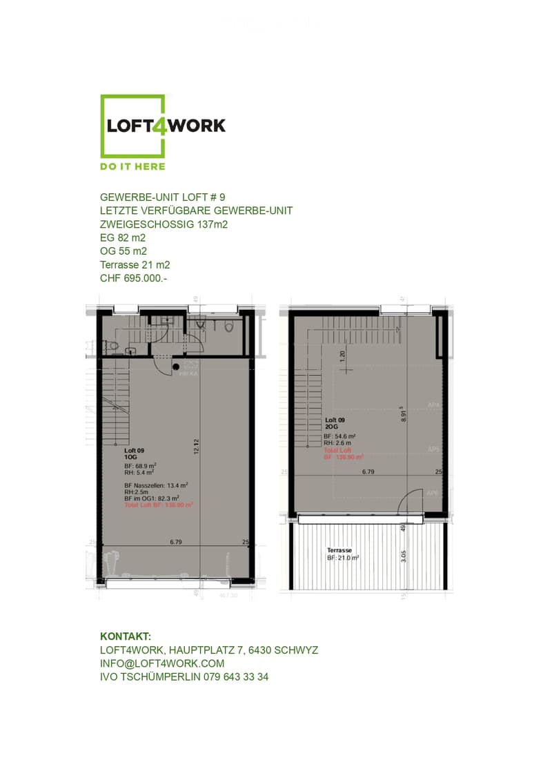 Floor plan of a two-story commercial unit with 137m² total area, including ground floor (82m²), upper floor (55m²), and terrace (21m²).
