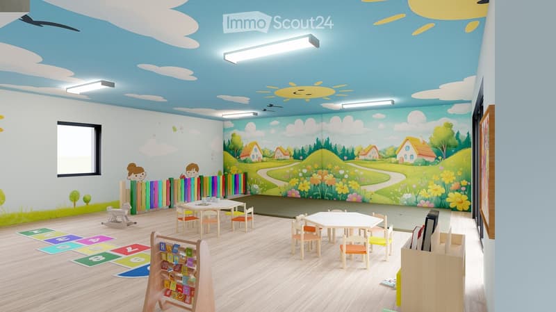 Kids room with a white table and orange and yellow chairs, carpet, painted murals, and wall decorations